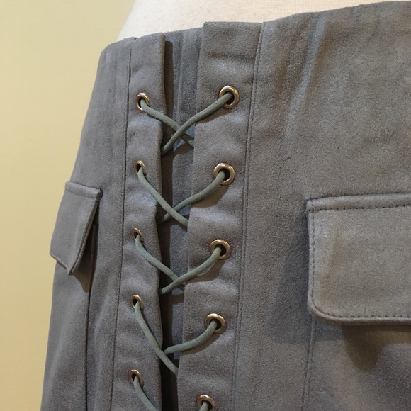 Lace Up Front Sueded Mini Skirt Steel - Picture 4 of 5